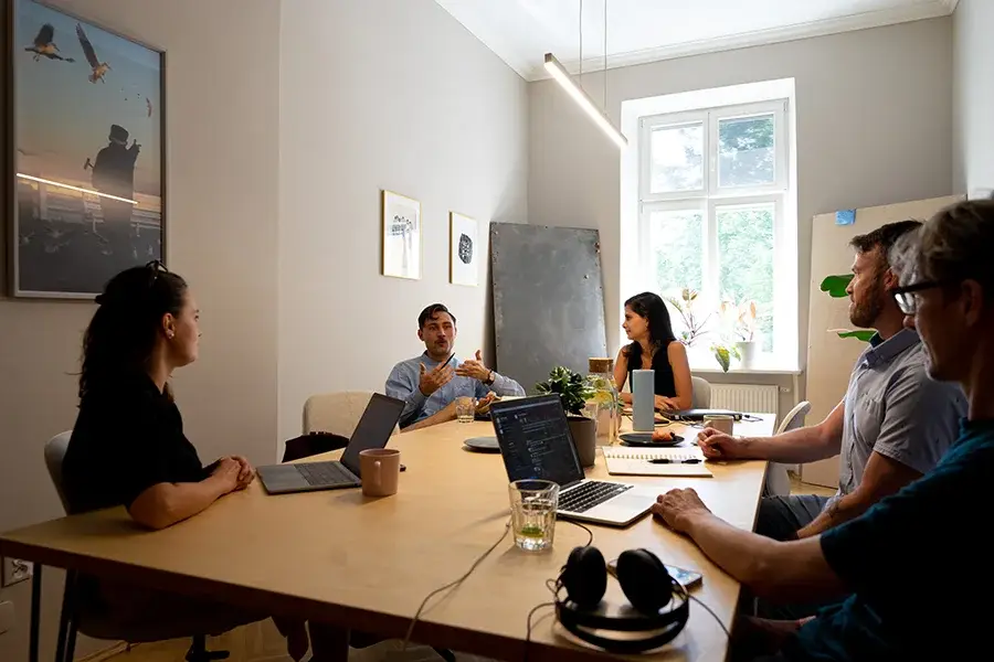 High-spec meeting room at Yolk with 4K screen and webcam